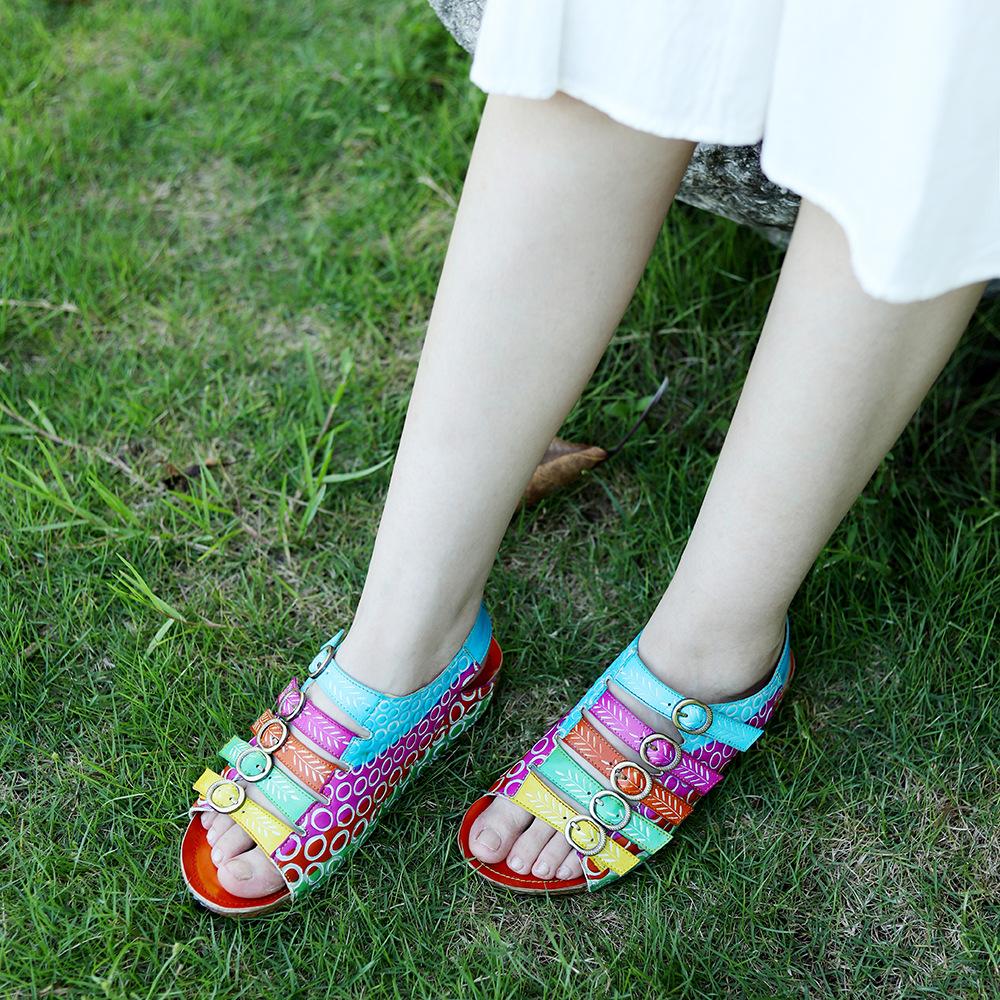 Johnature Echtes Leder Retro Damen Schuhe Sommer Farbe flache Sandalen Komfort atmungsaktive handbemalte Strandsandalen