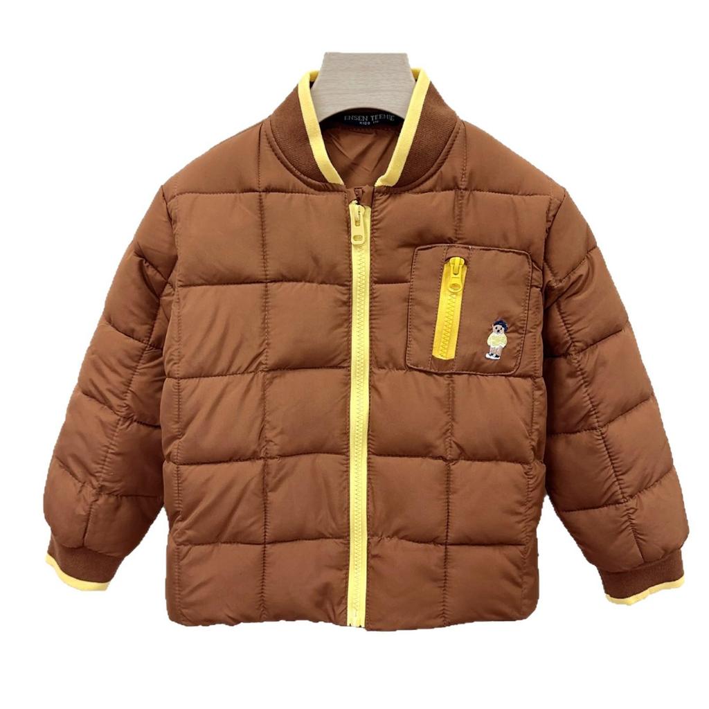 Kids' Winter Cotton Baseball Jacket with Bear Embroidery - Unisex, Zippered, Lightweight Korean Style.