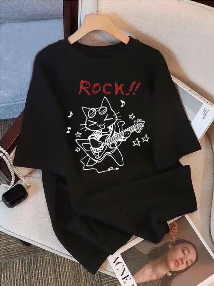 Rock Cat Pattern Pure Cotton Cartoon Printed Mens And Womens Personalized Loose Tshirt Summer New Fashion Trend Tshirt