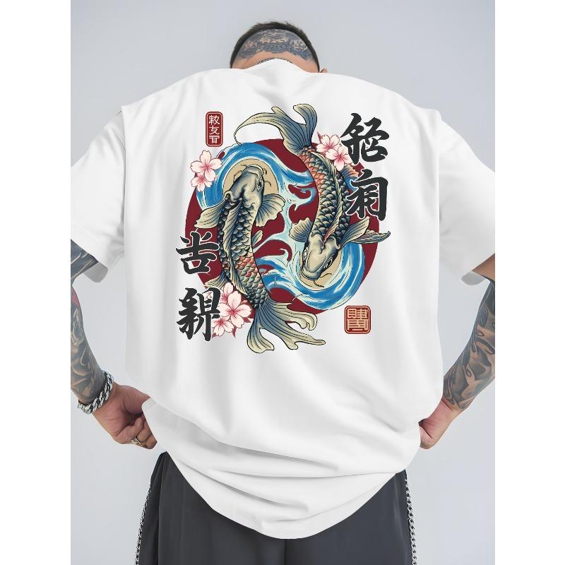 European Size Japanese Style Carp Summer Outdoor Sports and Casual Large-size Short-sleeved T-shirts, Men's Trendy Fashion Prints, Loose Base Shirts
