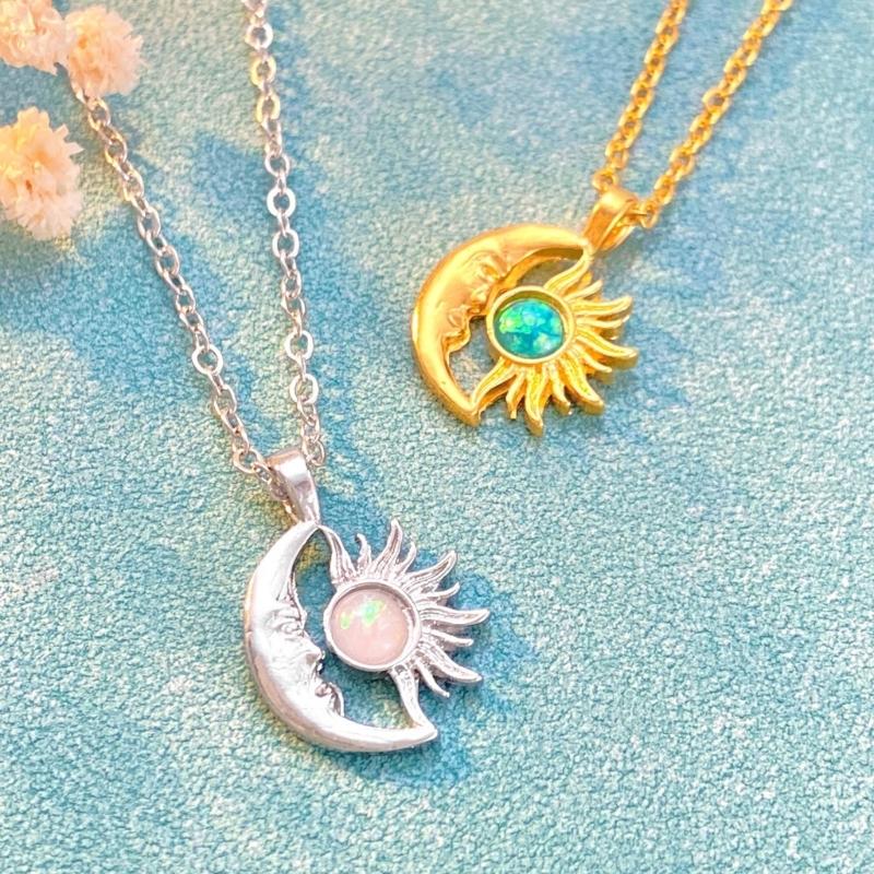 Elegant Sun Moon Pendant Necklace Unique Sun and Moon Charm Necklace Adornment Beautiful Opal Adorned Neck Chain Jewelry