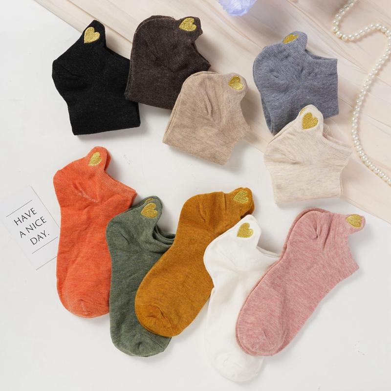 5 Par Skarpetek za Kostkę Gładkich Złoty Jedwab Haft Serce Damskie Skarpetki Bawełniane Nadruk Korony Bawełniane Skarpetki