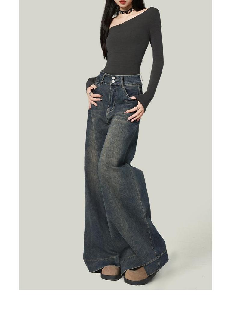 Women's High-Waisted Retro Blue Wide-Leg Jeans, Loose Fit, Good Drape, Floor-Length, Perfect for Spring/Autumn.