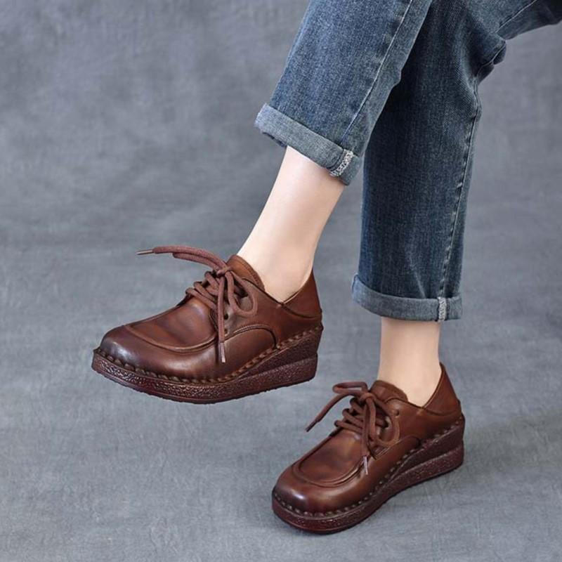 Johnature Genuine Leather Wedges Shoes Versatile Comfortable Soft Soled Lace-up Four Seasons Shoes