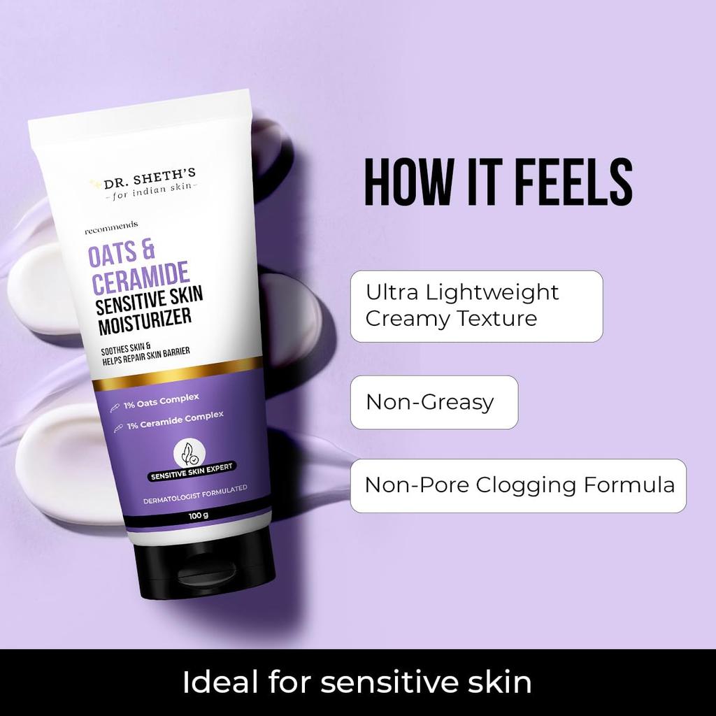 Dr. Sheth's Oats & Ceramide Sensitive Skin Moisturizer 100 G | Oil-Free Lightweight Hydration for Men & Women