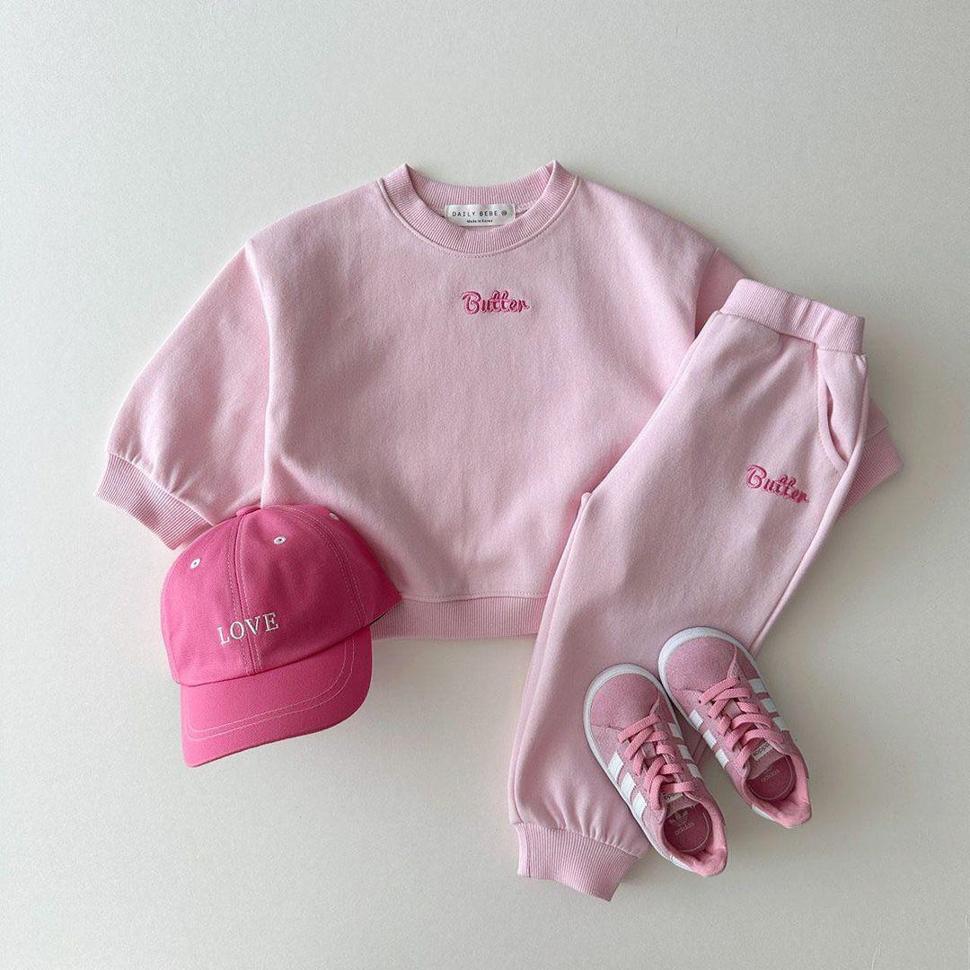 

Korean-Style Spring & Autumn Infant/Toddler Solid Cotton Knit Two-Piece Set: Embroidered Sweatshirt & Sweatpants 120 cm