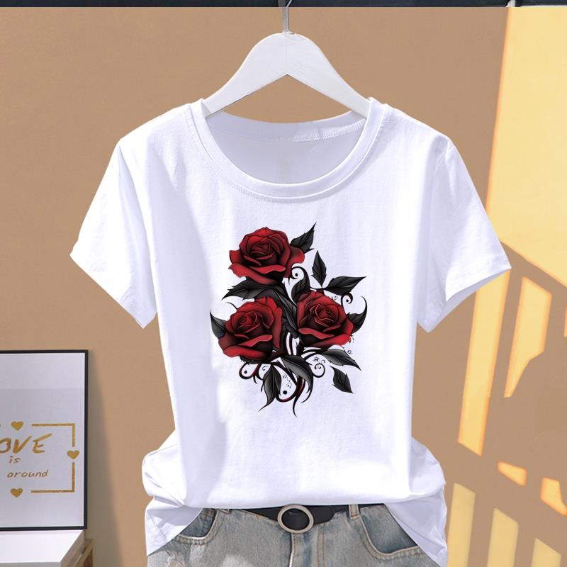 

(Asian Size) sweet flower floral Print O-neck Short Sleeve T-shirts Fashion Female Casual Women s Top T Clothing Graphic Tee S
