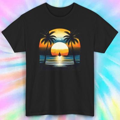 Tropical Sunset Palm Tree T-Shirt | Beach Ocean Graphic Tee | S-5XL