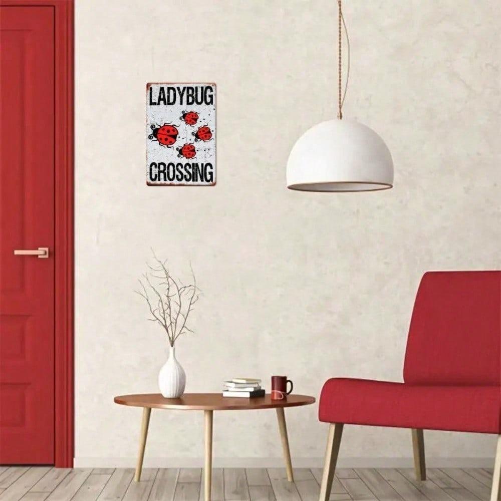 Vintage Ladybug Metal Tin Sign 8x12 Inch Distressed Red Black Wall Art Rustic Iron Decor Pre-Drilled Holes