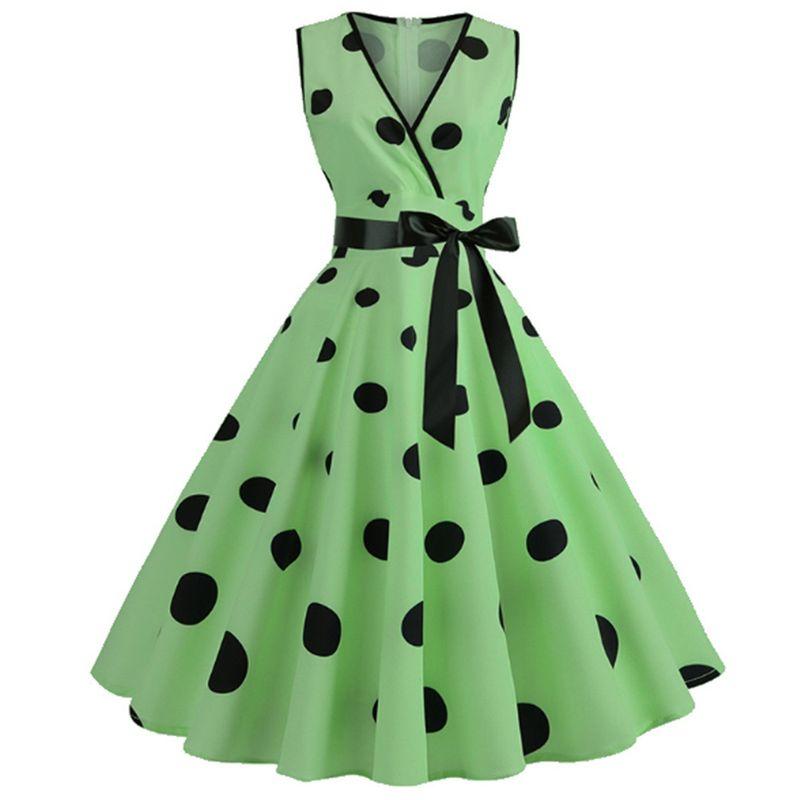 

Factory Supply New New Arrival Temperament Leisure Short Sleeve Silm V Neck Retro Dots Print Large Swing Dress JY15086 Green XL