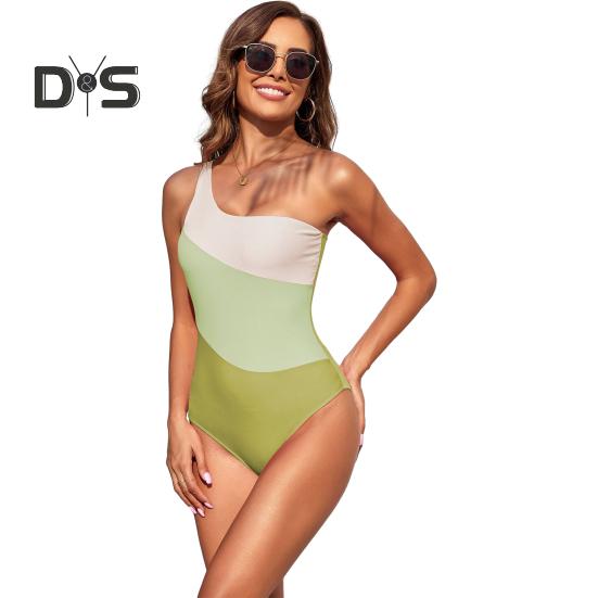 

Женский летний монокини, цельный купальник на одно плечо, обтягивающий, эластичный, мягкий, дышащий, быстросохнущий, пляжная одежда, купальный костюм M зелёный/жёлтый