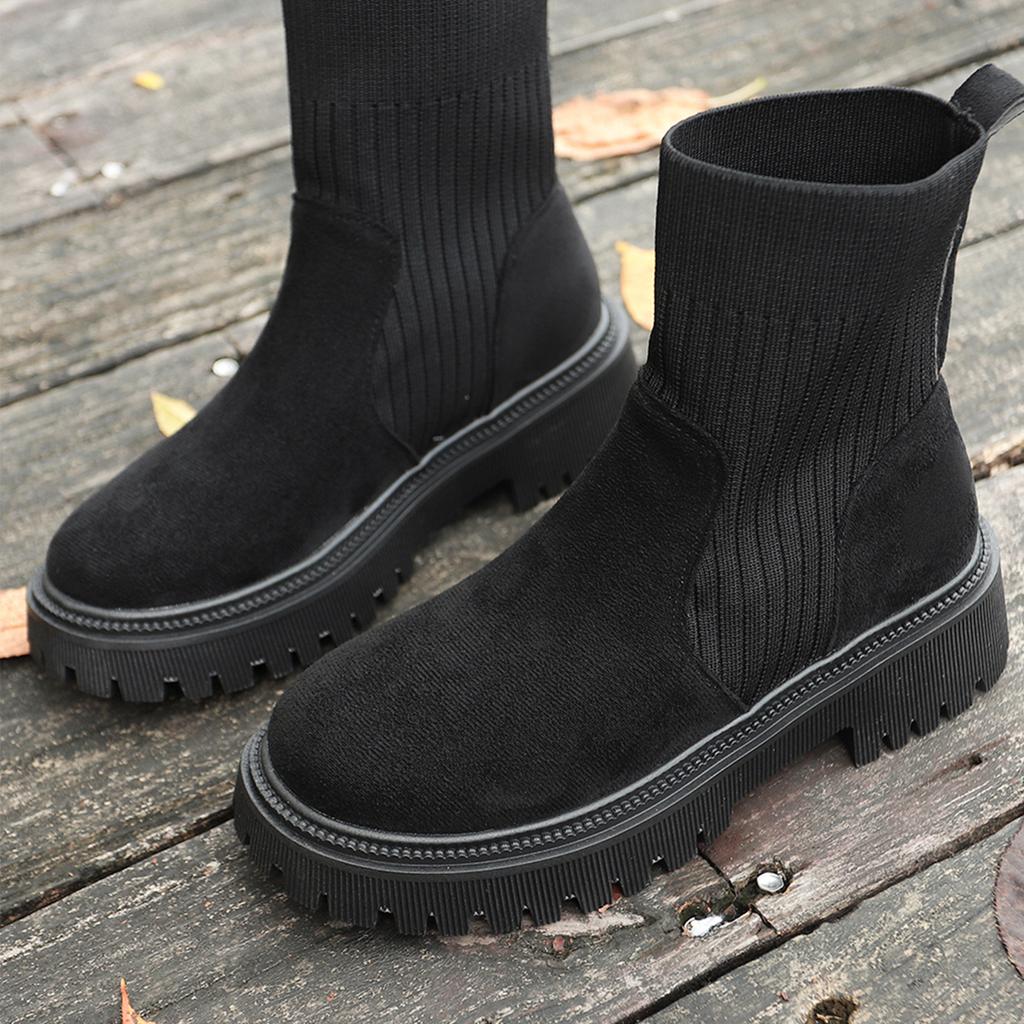 Women's Heel Round Toe Knit Patchwork Boots British for Fall Winter