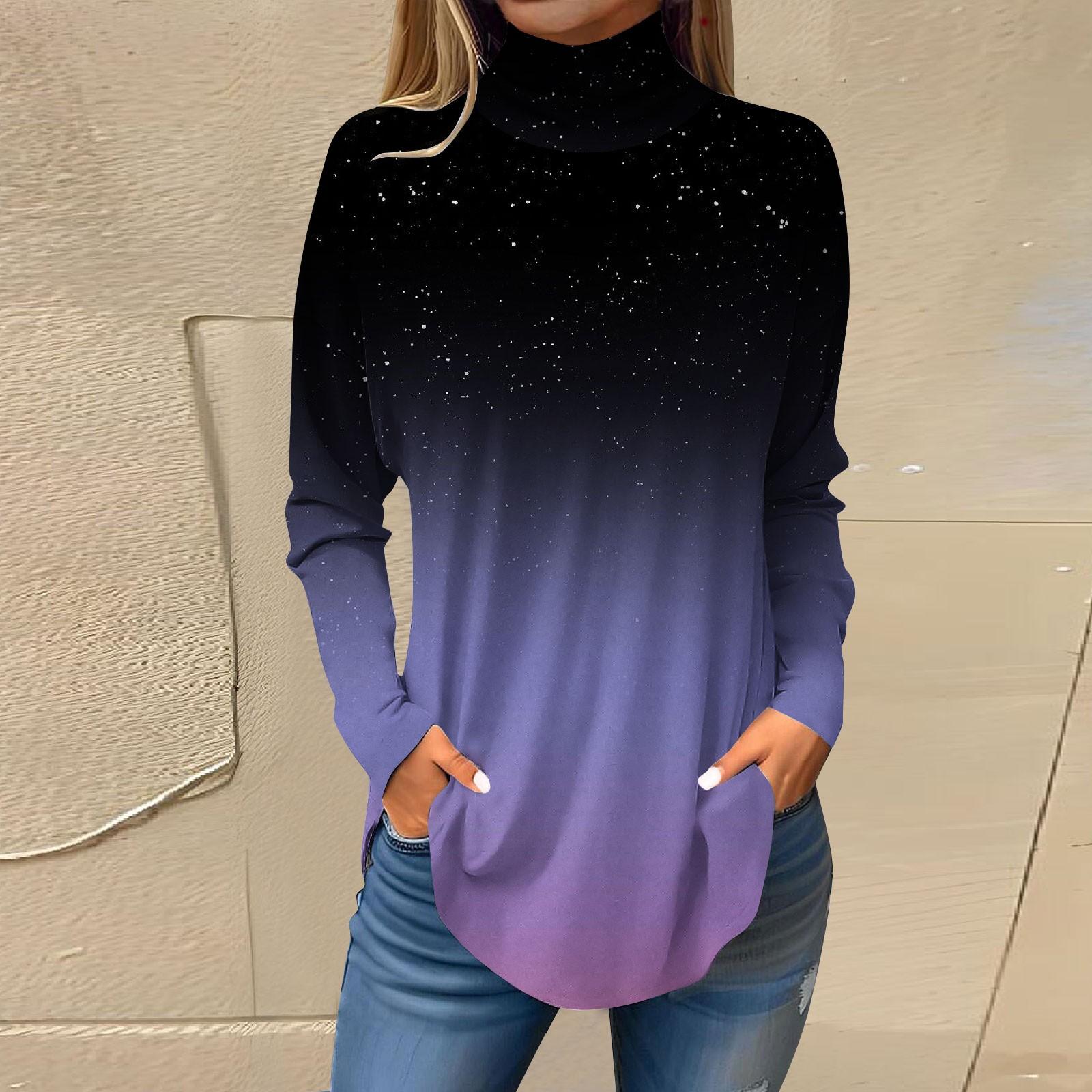 

Футболки для женщин, осенние повседневные рубашки с длинными рукавами, толстовка с винтажным принтом, топ с высоким воротом, пуловер XL фиолетовый