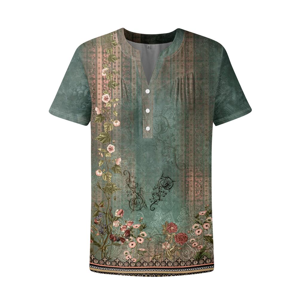 Women's Casual Floral Print V-Neck Short Sleeve Decorative Button T-Shirt Top
