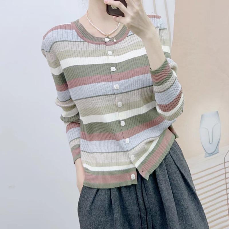 Early Autumn New Hanpai Fashion Casual Striped Stretch Open Button Long Sleeve Knitwear