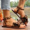 Summer New Leopard Bow Sandals Plus Size Round Toe Open Toe Casual Breathable Soft Sole Non-Slip Women's Flats