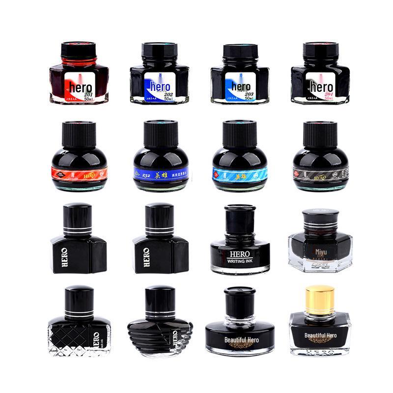 Hero Gold Fountain Pen with Special Non-Clogging, Non-Carbon Ink: Black 234, Red 200, Blue-Black 440.