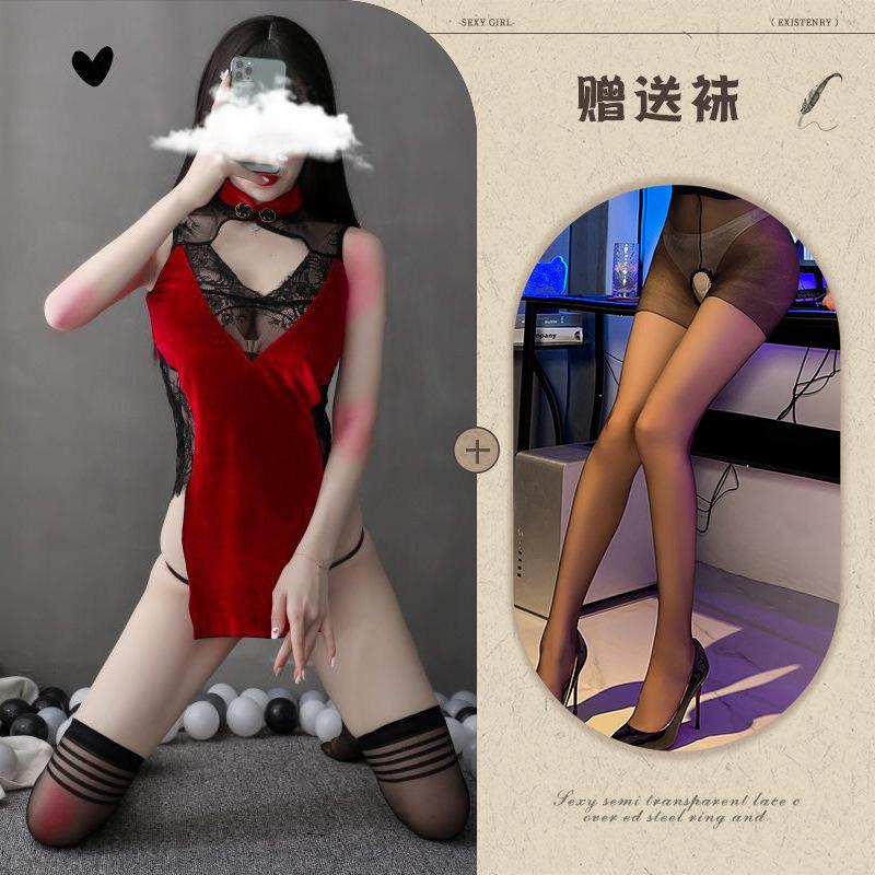 New sex underwear women's sexy Republic of China velvet perspective backless cheongsam seduction suit