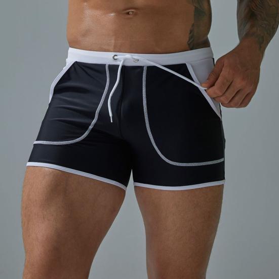 Men Summer Swimming Trucks Mid-rise Drawstring Patchwork Color Pocket Swimming Shorts Quick-Drying Stretch Beach Surfing Shorts