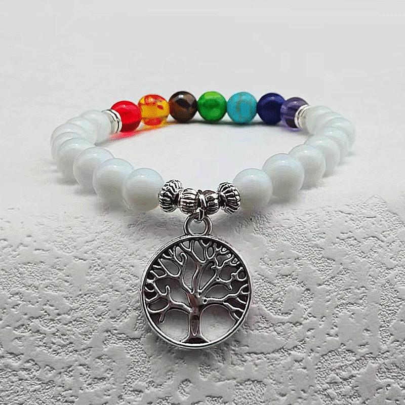 8MM Volcanic Stone Tree of Life Yoga Bracelet with Seven-Color Rainbow Beads