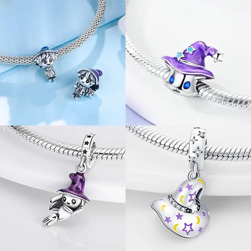 Copper Metal Halloween Dangle Witch Magic Girl Charm Bead Components Luminous Bead Components Compatible With Authentic Original Bracelet High