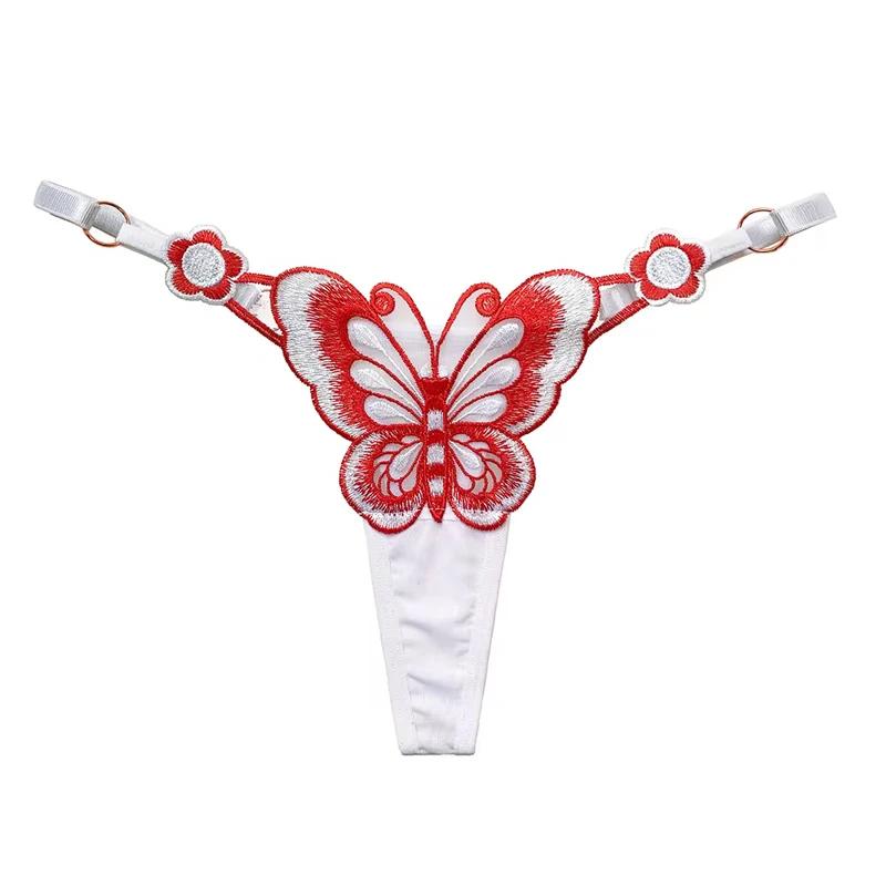 Butterfly Lace Thong for Women Low Waist G-String Transparent Mesh Panties Sexy Embroidered Briefs Adjustable Waist Culotte Femm