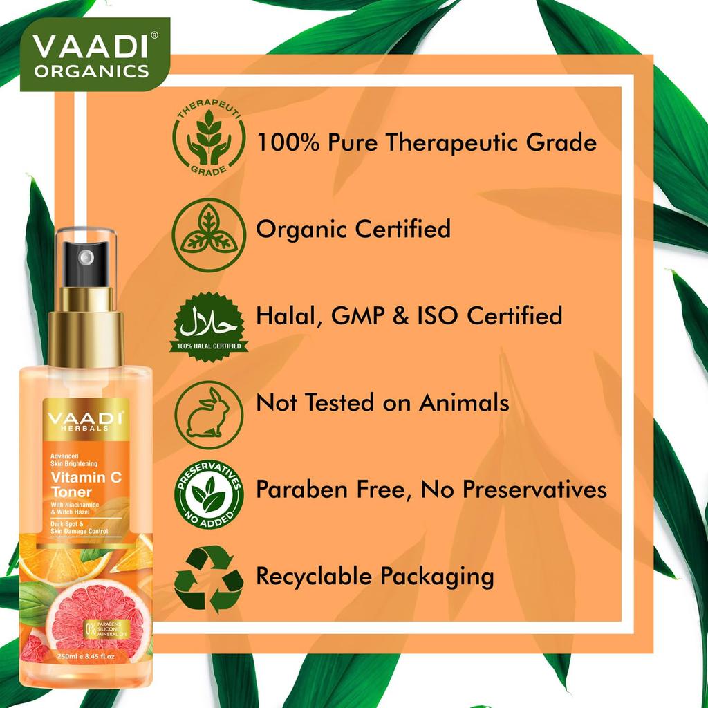 Vaadi Herbals Vitamin C Facial Toner 250 Ml Pack Of 1 | Hydrating, Brightening & Anti-Ageing Skincare Mist