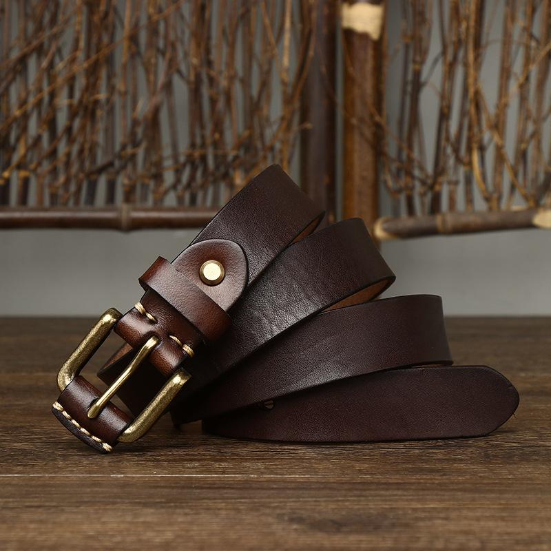 Dámský kožený opasek v korejském stylu, jednoduchý, moderní, retro, první vrstva, čistá hovězí kůže, mosazná přezka, dámský džínový opasek