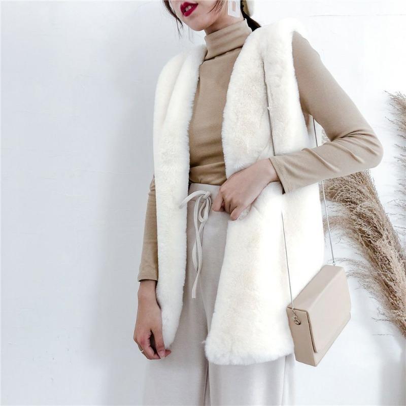 

Жилет из искусственного меха средней и длинной длины, плюшевый жилет из искусственного кролика, утолщенный пушистый жилет-куртка, женские новые осенне-зимние модели S 75-44.5 kg белый