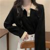Women's Turn Down Collar Long Sleeve Polo Top Straight Fit Casual Blouse Color Block Contrast Ribbed Knit Shirt