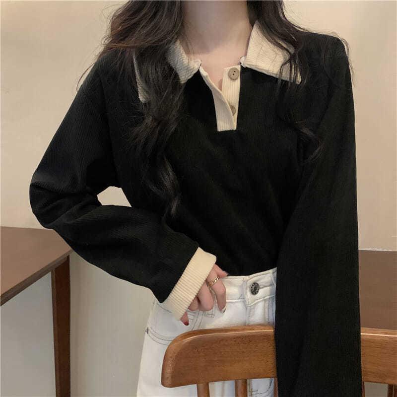 Women's Turn Down Collar Long Sleeve Polo Top Straight Fit Casual Blouse Color Block Contrast Ribbed Knit Shirt