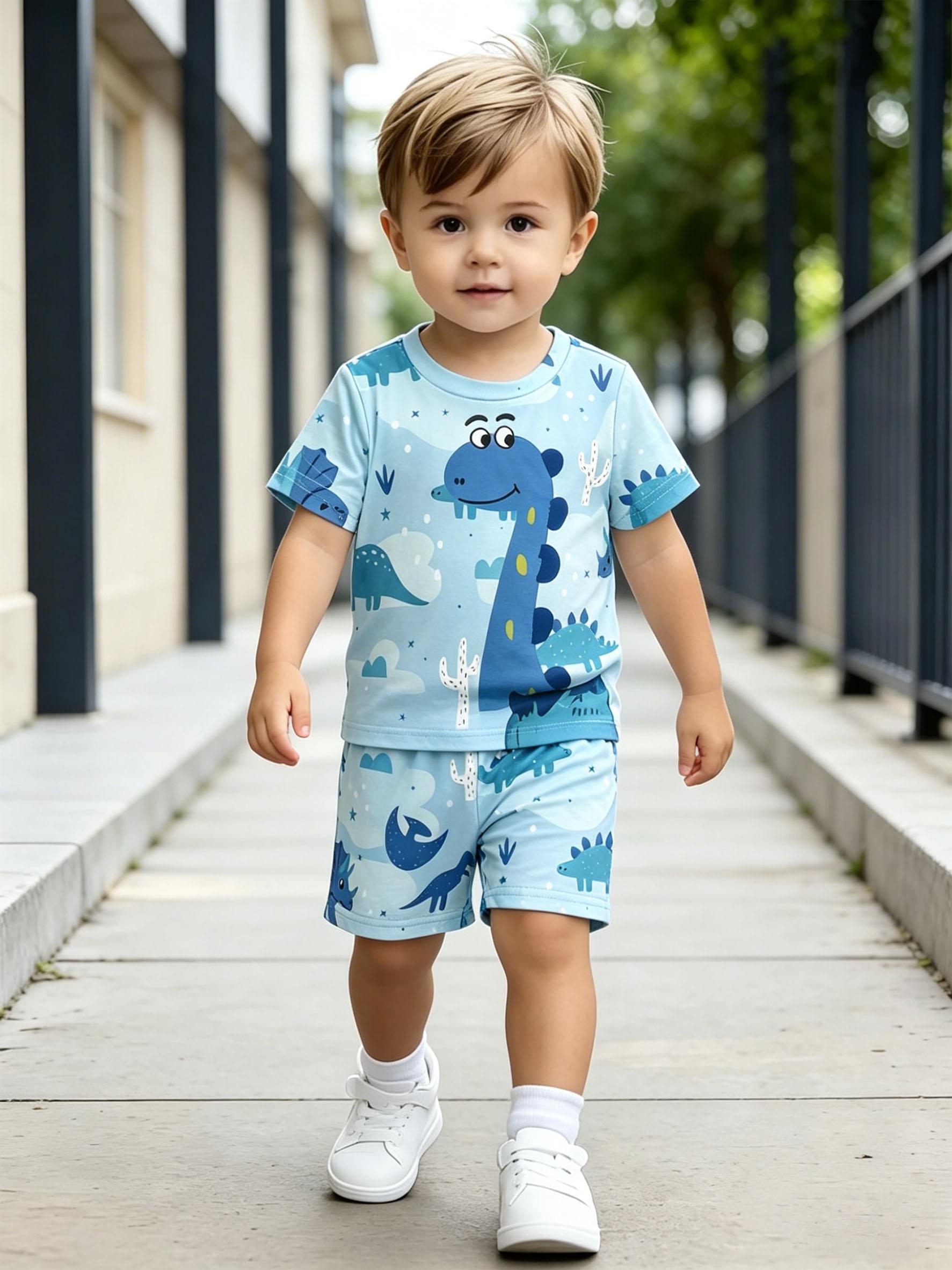 

Toddler Boys Cute Blue Cartoon Dinosaur Print 2-Piece Outfit, Summer Casual Clothes for Kids, Perfect for Playwear & Outdoor 1-2Y синий