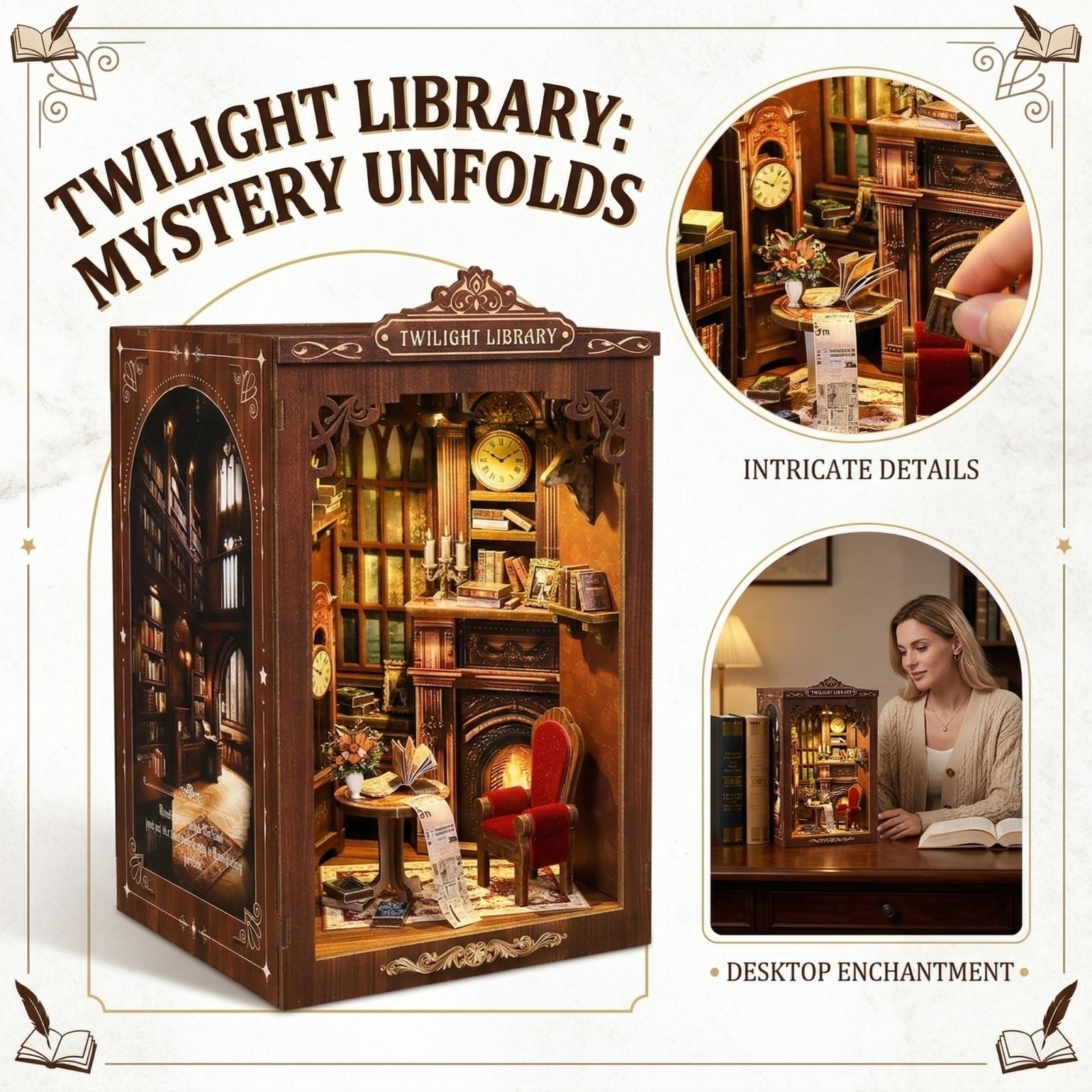 

Vintage Library Book Kit, DIY Wooden 3D Puzzle Bookend With LED Lights For Home Decor One Size