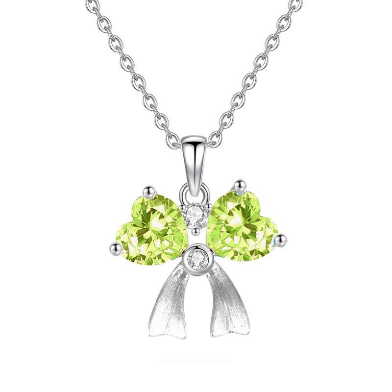 S925 Silver Bowknot Pendant Necklace with Natural Crystal, Love Heart Design