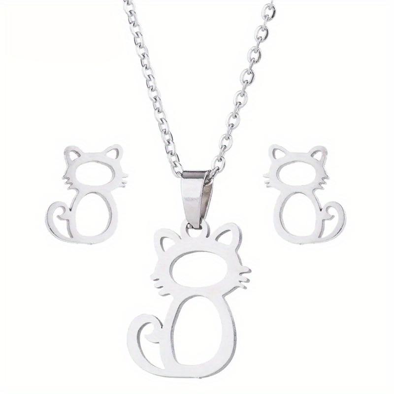 Cute Golden Cat Jewelry Set Necklace, Men's Collar Fashion Hollow Cat Earrings Necklace Claw Jewelry