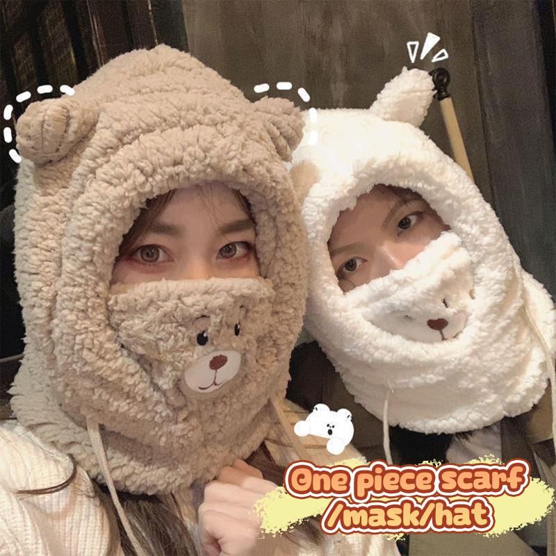 Winter Cartoon Hat With Mask Bear Lamb Beanie Hats Warm Thickened Ear Protection Beanies For Women Girl Scarf Hat