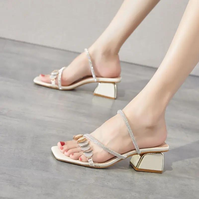 Fashion Outside Women's Slippers and Ladies Sandals Blue Heeled Slides Rhenstone Sexy Open Toe Indoor Job Shoes Luxury Casual W I Shoe Y