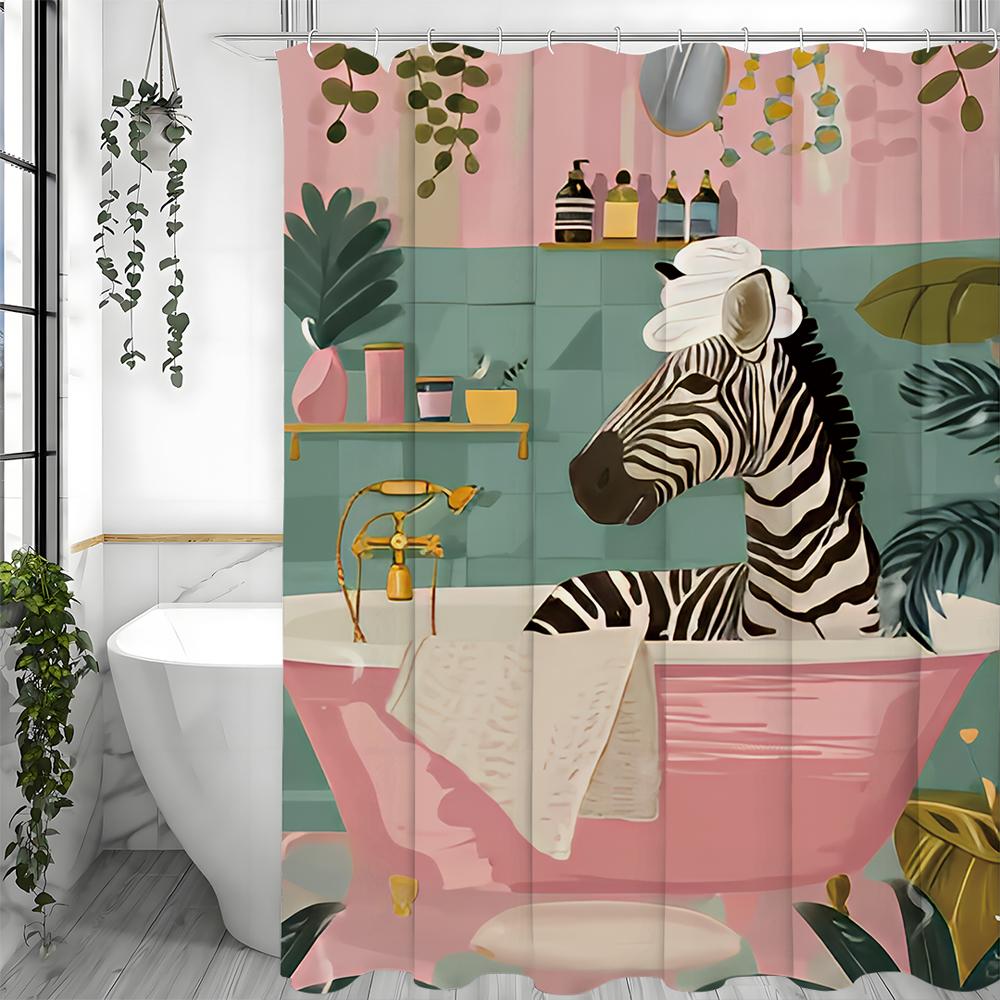 Badezimmer Zebra Duschvorhang, Blumige Pflanzen, Rosa Wände und Badewanne Grüne Fliesen Badezimmer Dekorativer Duschvorhang, Wasserdicht