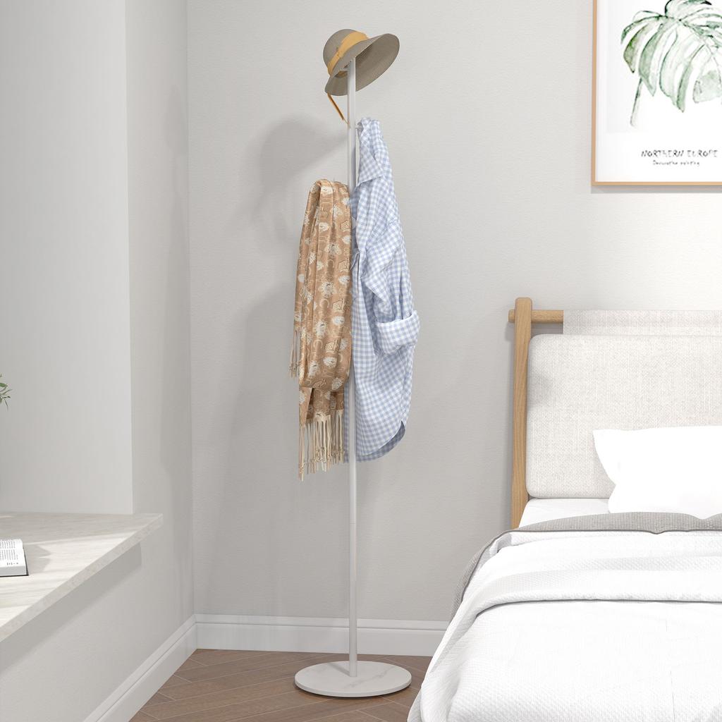 Freestanding Floor Coat Rack with 6 Disc Hooks In Steel and Slate Base, White