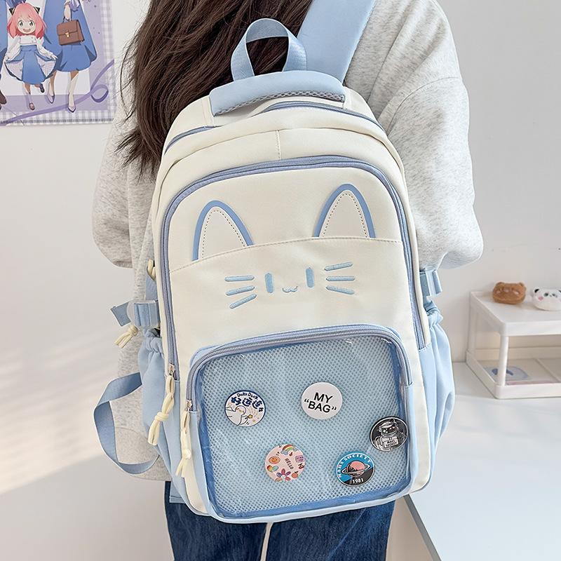 Zaino Gatto Kawaii Ita Bag Grande Capacità Zaino Scolastico in Nylon con Tasca Trasparente per Pin Zaino Anime Carino per Ragazze