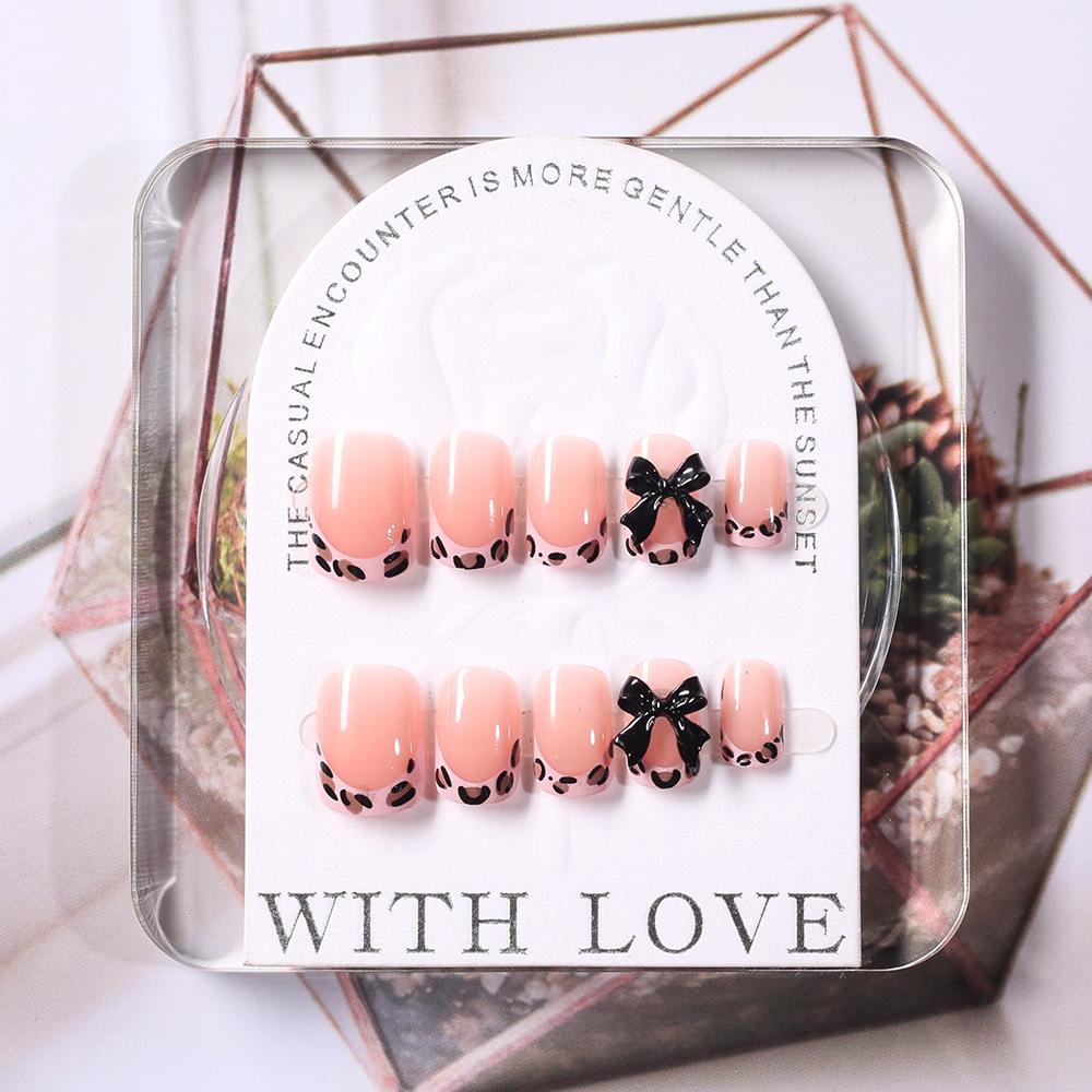 24Pcs Pink Leopard Print French Tips False Nails Short Square Head 3D Black Bowknot Fake Nails Acrylic Full Cover Press On Nails
