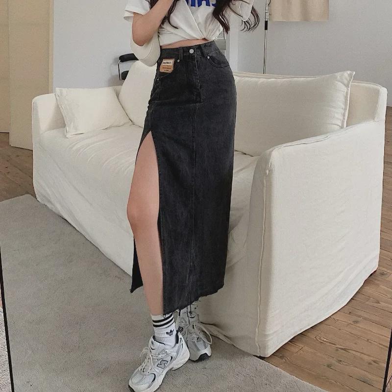 Summer 2024 Women's High Waist Slim Denim A-Line Split Skirt