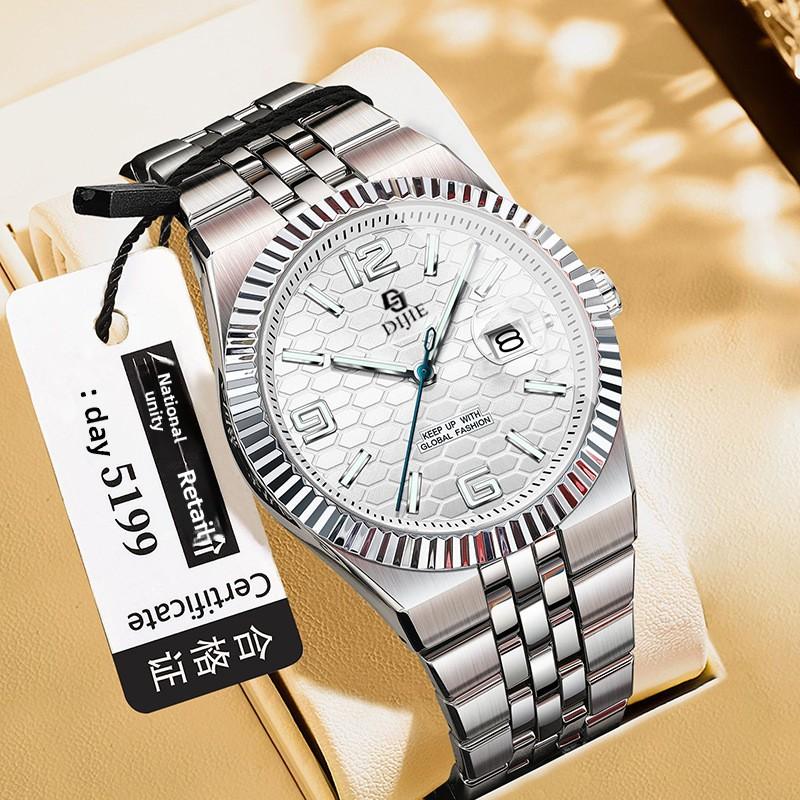 Orologio da polso meccanico completamente automatico autentico in acciaio inossidabile, lancette luminose, data, resistenza all'acqua 10m, diretto dalla fabbrica