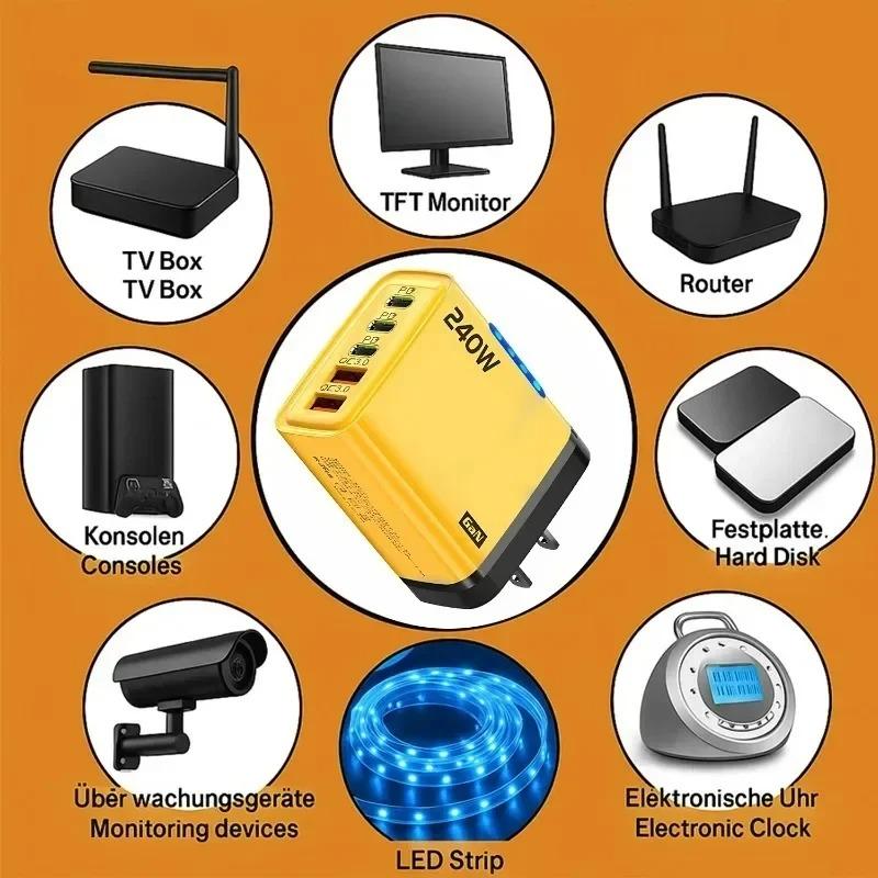 240W 5 Ports USB C PD Charger Quick Charge 3.0 Fast Charging Adapter Type C USB Phone Chargers For iPhone 16 15 Samsung Xiaomi Huawei