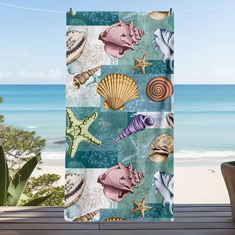 Watercolor Seashell Beach Towel Boho Vintage Ocean Shell Seaweed Print Towel Quick Dry Sandproof Absorbent Beach Blanket