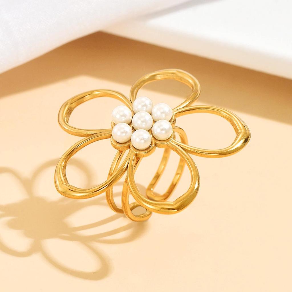 Chic Stainless Steel Hollow Flower Ring with Faux Pearl - Elegant Women's Floral Jewelry