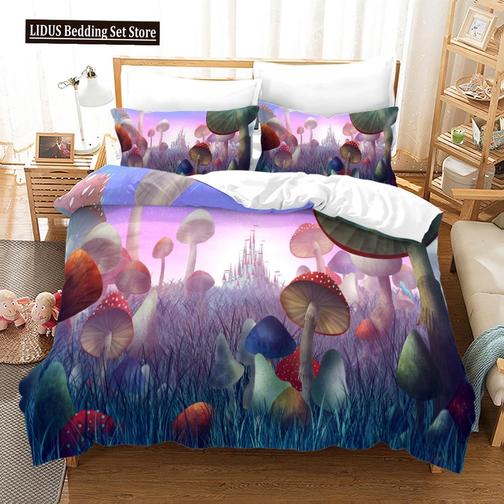 Mushroom Duvet Cover Set King Queen Size Star Purple Blue Trippy Mushroom Pattern Cartoon Polyester Bedding Set For Kid Boy Girl