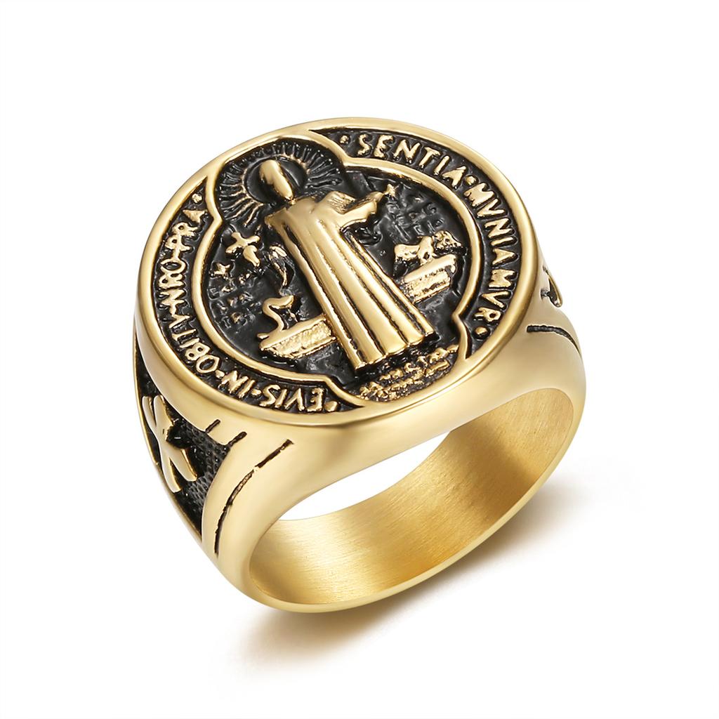 Hip Hop Dorato St. Anello Benedict in Acciaio al Titanio per Uomo Gioielli Religiosi alla Moda