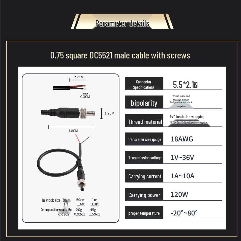 

DC5521 Гвинтовий Подовжувач Чоловічий/Жіночий, 18AWG Чиста Мідь 2-Жильний