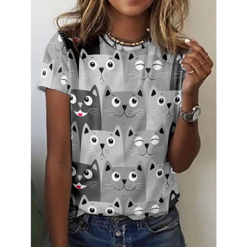 Summer Cute Cartoon Cat T-Shirts Women Short Sleeve Round Neck T Shirt Tees Harajuku Y2K Top Female Clothing